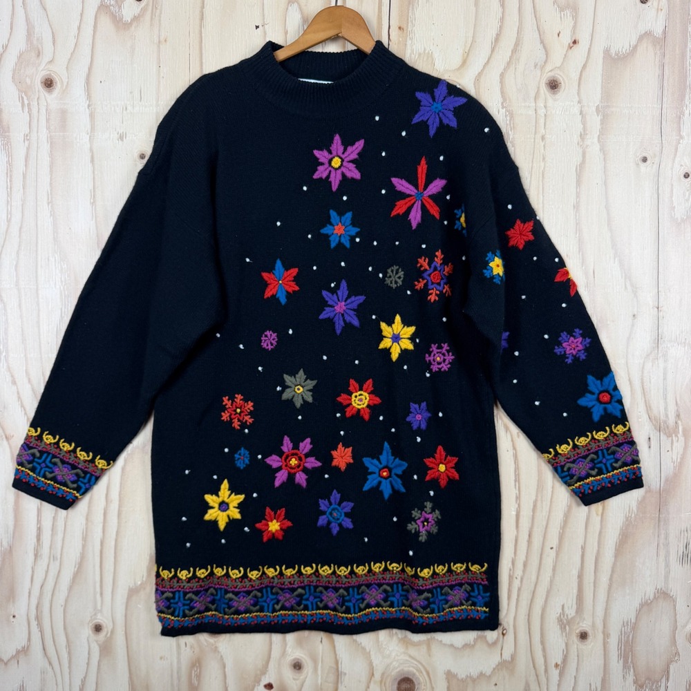 Vintage Kitty Hawk Vivian Wang Sweater Womens L Black Embroidered Wool Angora